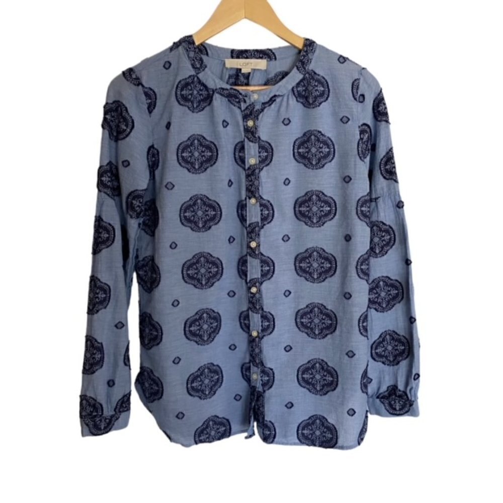 Loft Blue Medallion Print Button Down Blouse XSmall